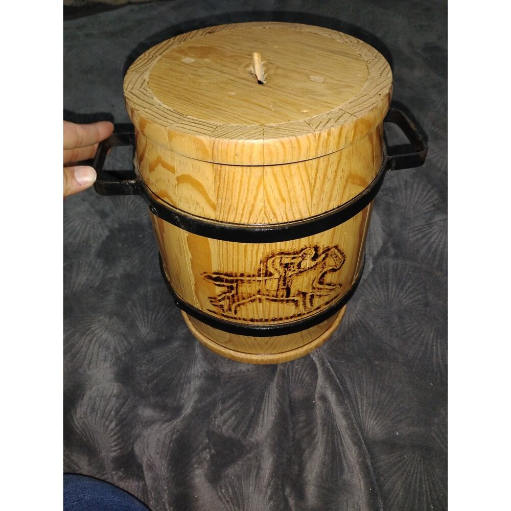Hand Made wooden barrel piggy bankwood-burned or engraved Hourse design